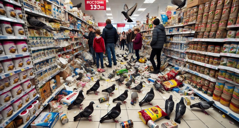 В магазине сети "Светофор" в Тверской области стая голубей расклёвывала продукты