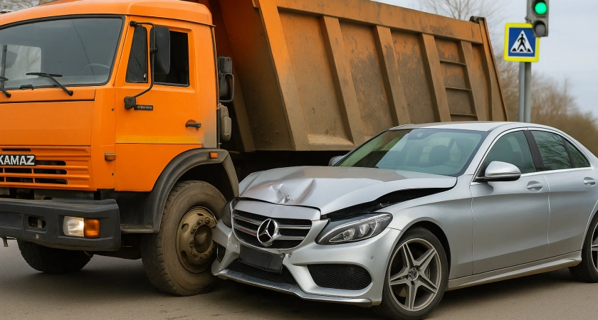 Фото к статье: В Тверской области на трассе М-10 столкнулись КамАЗ и Mercedes — водитель грузовика пострадал